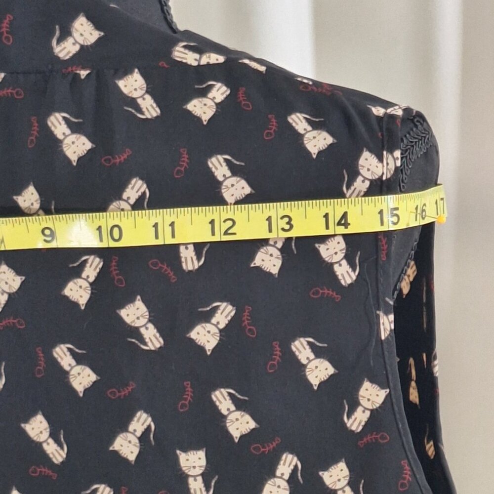 Jessie B Cat Print Tie-Neck Blouse XL Black Cream Retro Office Casual Top - Picture 6 of 16